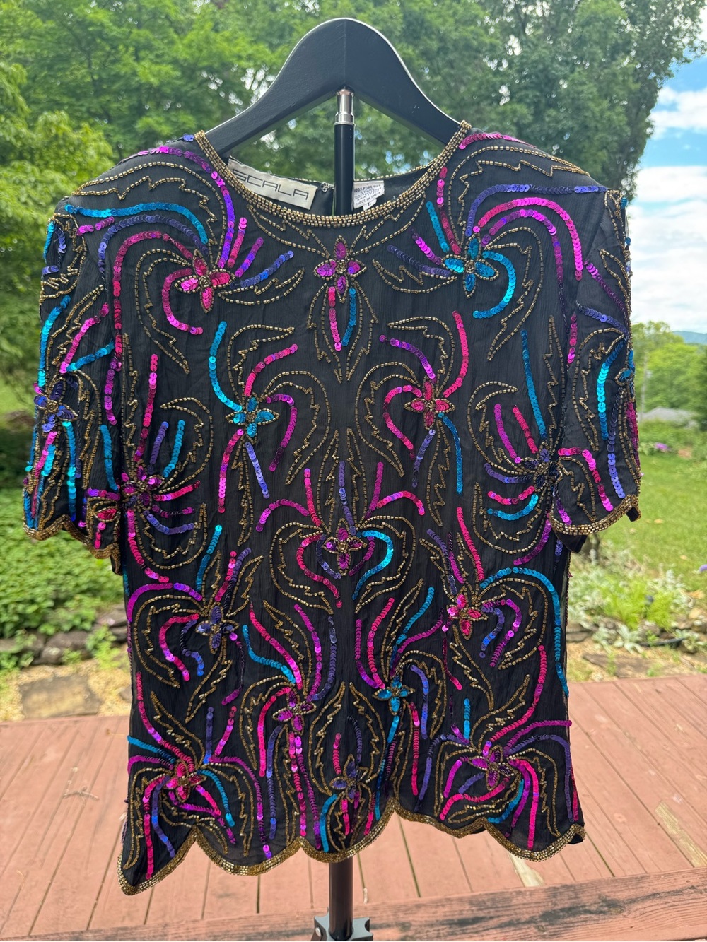 Scala Black Sequin Beaded Short Sleeve Top | 100% Silk Lining | Shoulder Pads